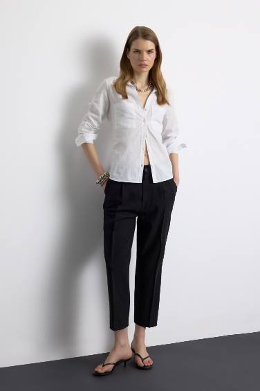 Regular Fit Basic Düz Keten Karışımlı Beyaz Uzun Kollu Gömlek