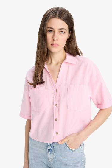 Boxy Fit Shirt Collar Linen Blended Short Sleeve Shirt