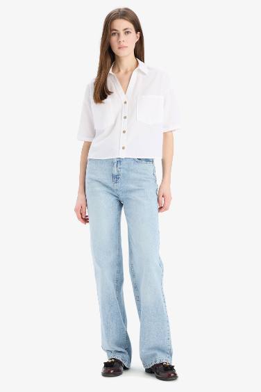 Boxy Fit Shirt Collar Linen Blended Short Sleeve Shirt