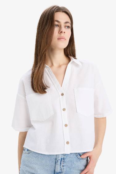Boxy Fit Shirt Collar Linen Blended Short Sleeve Shirt