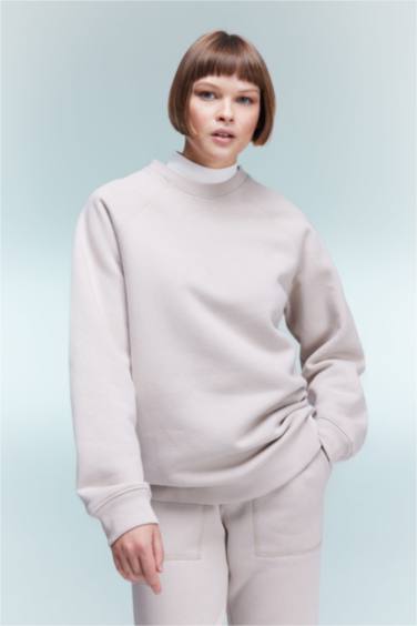 Oversize Geniş Kalıp Bisiklet Yaka Kalın Basic Düz Sweatshirt