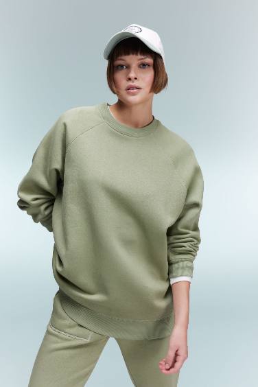 Oversize Geniş Kalıp Bisiklet Yaka Kalın Basic Düz Casual Sweatshirt