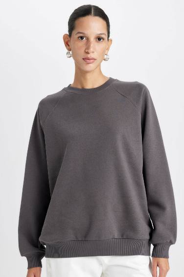 Oversize Geniş Kalıp Bisiklet Yaka Kalın Basic Düz Sweatshirt