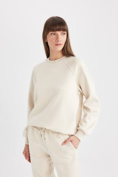 Oversize Geniş Kalıp Bisiklet Yaka Kalın Basic Düz Sweatshirt
