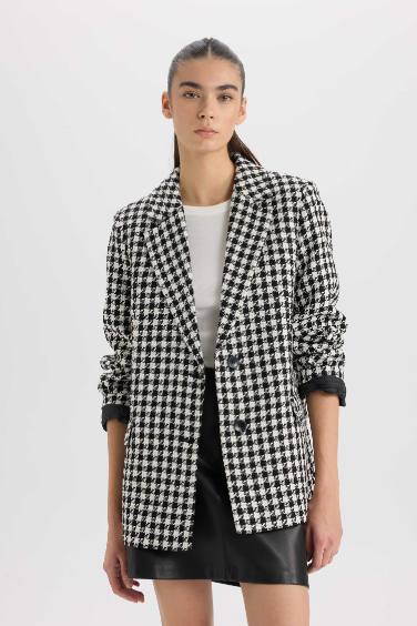 Oversize Geniş Kalıp Ceket Yaka Düğmeli Tweed Desenli Blazer Ceket