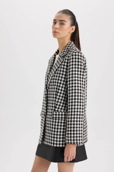 Oversize Geniş Kalıp Ceket Yaka Düğmeli Tweed Desenli Blazer Ceket