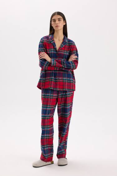 Fall in Love Pijama Takımı Kareli Flanel Uzun Kollu Üst Esnek Belli Uzun Alt 