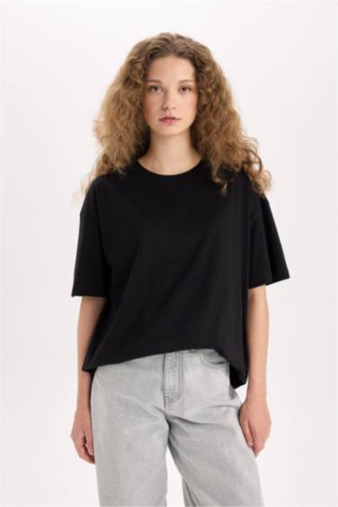Oversize Fit Crew Neck Basic Black T-Shirt