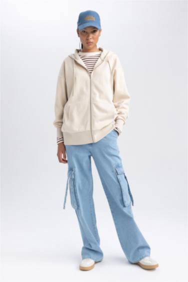 Oversize Fit Hooded Pocket Basic Zippered Sweatshirt