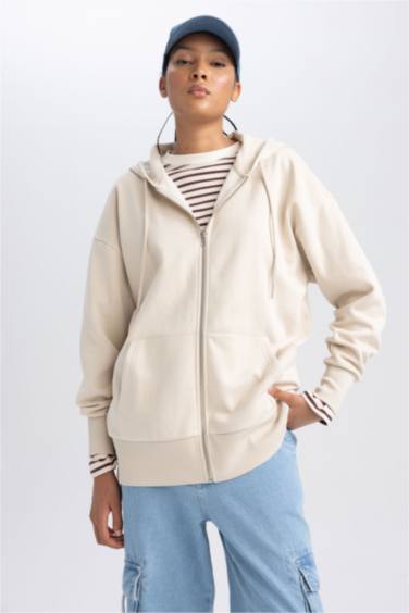 Oversize Fit Hooded Pocket Basic Zippered Sweatshirt