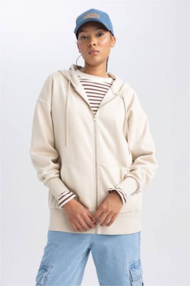 Oversize Fit Hooded Pocket Basic Zippered Sweatshirt