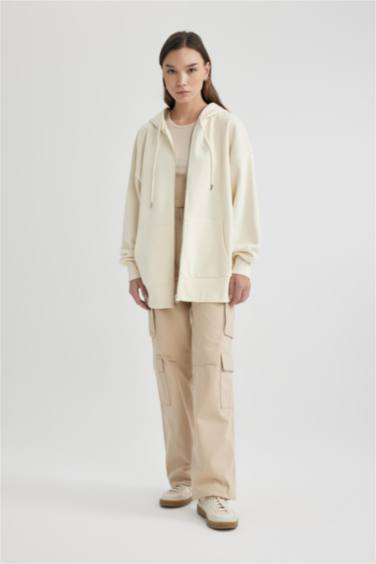 Oversize Fit Hooded Pocket Basic Zippered Sweatshirt