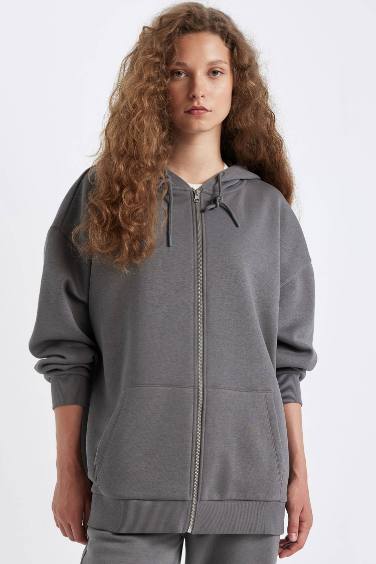 Oversize Geniş Kalıp Kapüşonlu Cepli Basic Düz Fermuarlı Sweatshirt