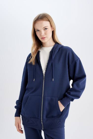 Oversize Geniş Kalıp Kapüşonlu Cepli Basic Düz Fermuarlı Sweatshirt