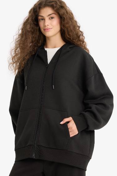 Oversize Fit Hooded Thick Sweatshirt Fabric Cardigan