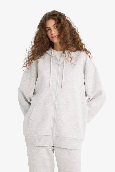 Oversize Fit Hooded Thick Sweatshirt Fabric Cardigan