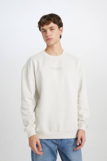 Boxy Fit Bisiklet Yaka Baskılı Sweatshirt