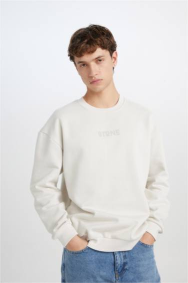 Boxy Fit Bisiklet Yaka Baskılı Sweatshirt