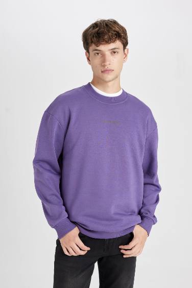 Mor Boxy Fit Bisiklet Yaka Baskılı Sweatshirt