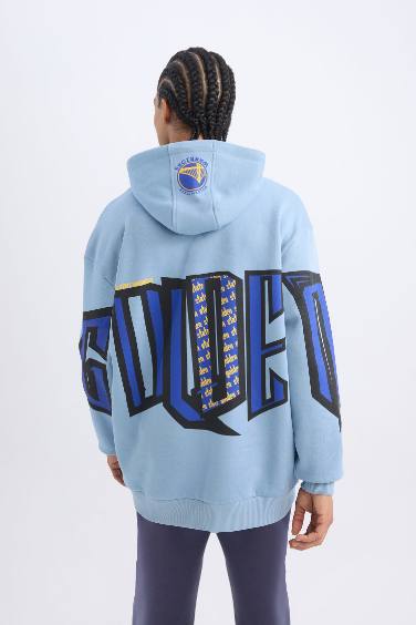 DeFactoFit NBA Golden State Warriors Oversize Geniş Kalıp Sırt Baskılı Kapüşonlu Sweatshirt