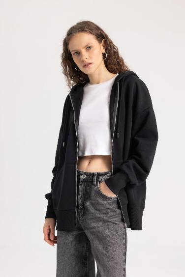 Oversize Fit Hooded Basic Zippered Sweatshirt