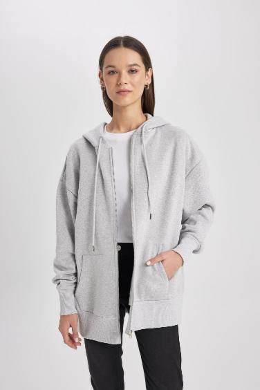 Oversize Fit Hooded Basic Zippered Sweatshirt