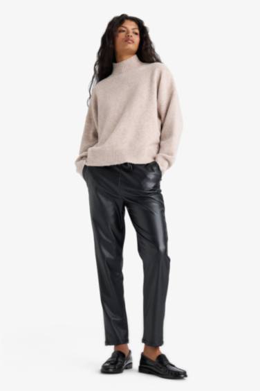 Yüksek Bel Jogger Kışlık Pantolon Cepli Standart Paça Suni Deri