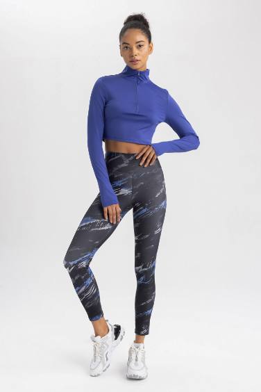 Zippered Stand Collar Long Sleeve Crop T-Shirt