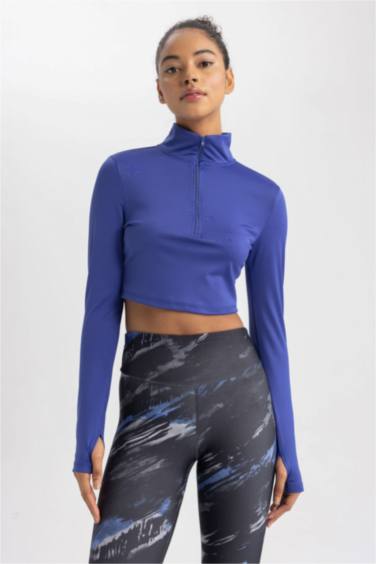 Zippered Stand Collar Long Sleeve Crop T-Shirt