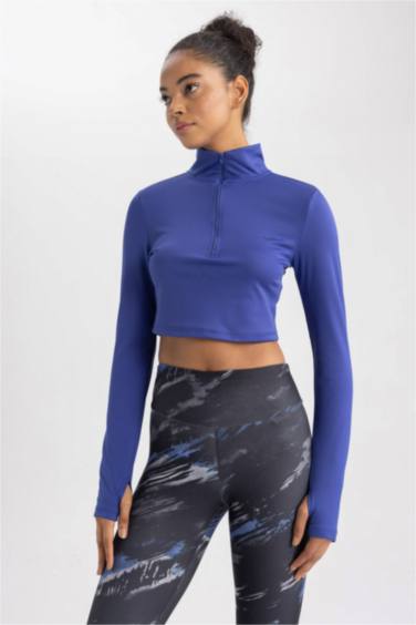 Zippered Stand Collar Long Sleeve Crop T-Shirt