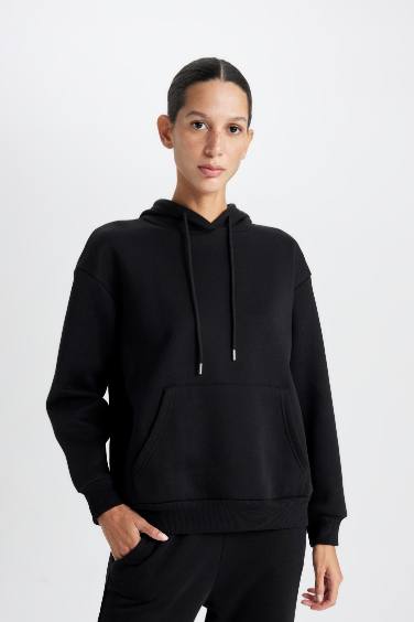 Relax Fit Kapüşonlu Kanguru Cepli Kalın Basic Düz Siyah Sweatshirt