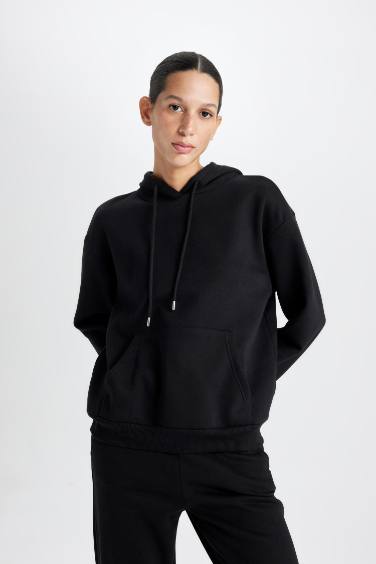 Relax Fit Kapüşonlu Kanguru Cepli Kalın Basic Düz Siyah Sweatshirt