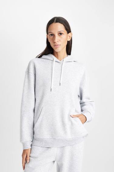  Relax Fit Kapüşonlu Kanguru Cepli Kalın Basic Düz Gri Sweatshirt