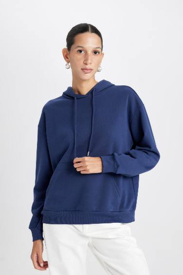 Relax Fit Kapüşonlu Kanguru Cepli Kalın Basic Düz Sweatshirt