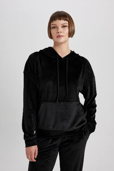 Regular Fit Hooded Basic Velvet Sweatshirt