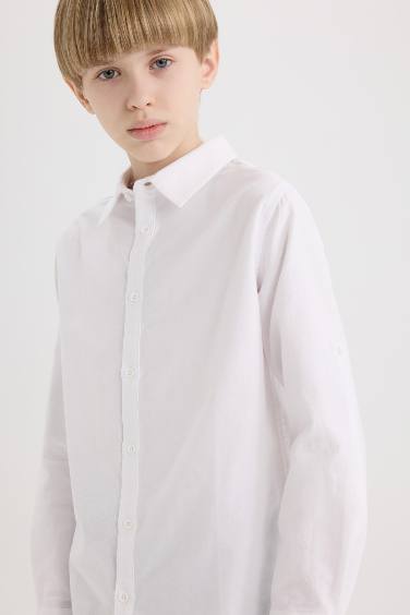 Erkek Çocuk Polo Yaka Oxford Uzun Kollu Basic Düz Gömlek