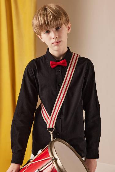 Boy Regular Fit Polo Collar Linen Look Long Sleeve Shirt