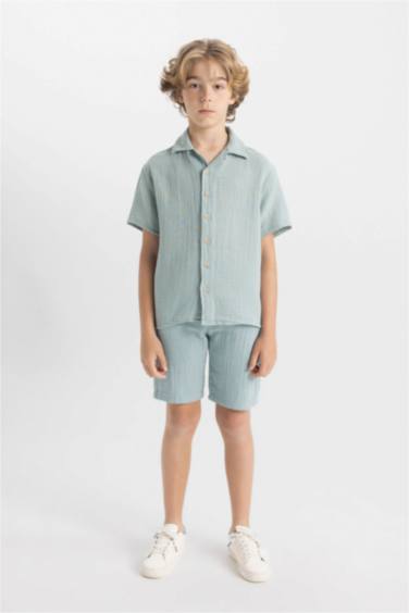 Boy Oversize Fit Polo Collar Muslin Short Sleeve Shirt