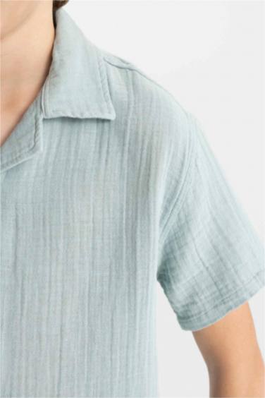 Boy Oversize Fit Polo Collar Muslin Short Sleeve Shirt