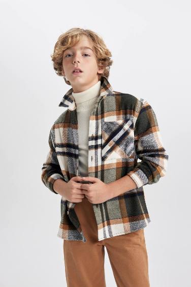 Boy Oversize Fit Plaid Flannel Long Sleeve Shirt