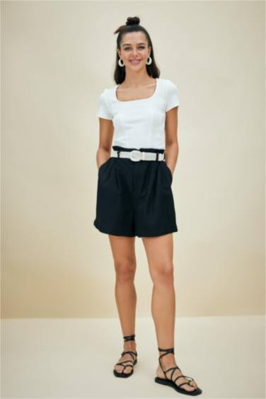 Relax Fit Paperbag Waist Linen Blend Shorts