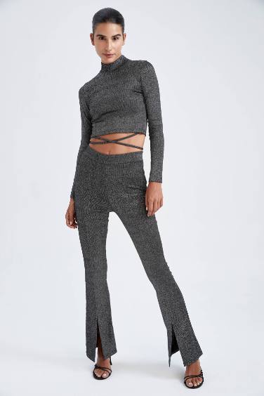 Slim Fit Slit Detailed Glittered Wide Leg Trousers