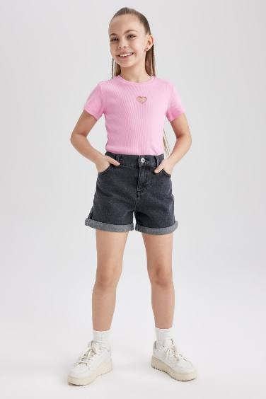 Girl's Mom Fit Flared Detailed Jean Shorts