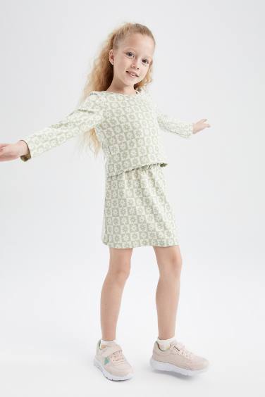 Girl Long Sleeve Flower Print T-Shirt & Mini Skirt Set