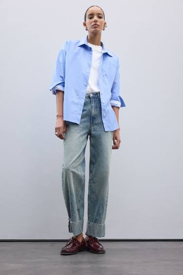 Oversize Geniş Kalıp Çizgili Poplin Uzun Kollu Gömlek