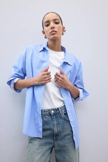 Oversize Geniş Kalıp Çizgili Poplin Uzun Kollu Gömlek