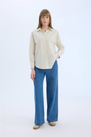 Oversize Geniş Kalıp Çizgili Poplin Uzun Kollu Gömlek