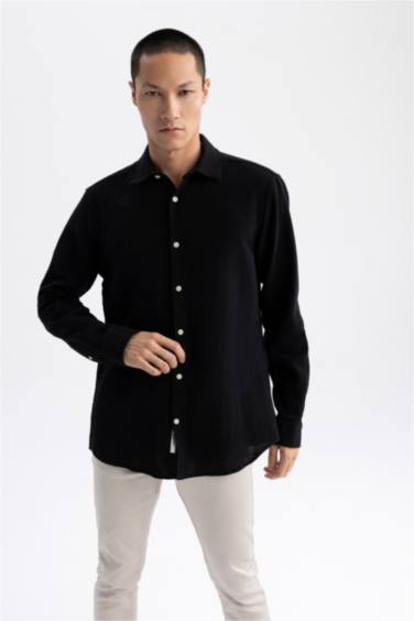 Chemise en coton à manches longues et à Col Polo Coupe moderne