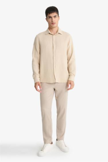 Regular Fit Polo Neck Muslin Long Sleeve Shirt