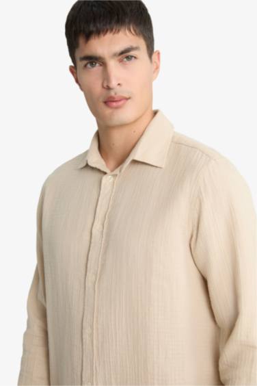 Regular Fit Polo Neck Muslin Long Sleeve Shirt